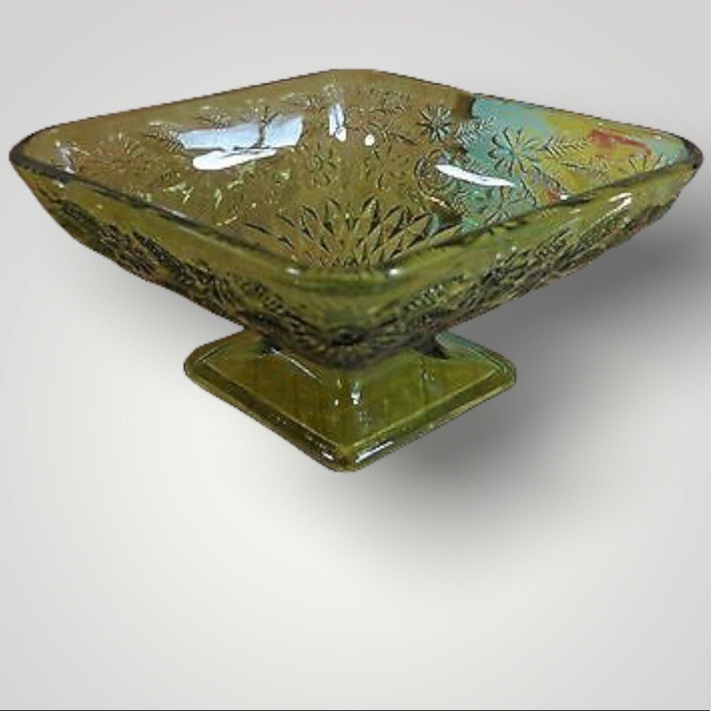 Vintage Footed Candy Dish / Depression Glass  / 7" / Green / Floral Design